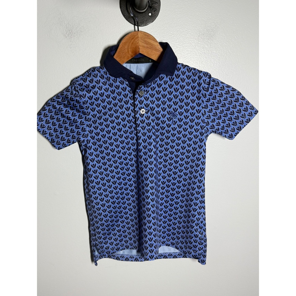 Greyson Boys Blue Geometric Arrow Print Short Sleeve Golf Polo Shirt Size Small